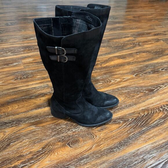 Born Womens Size 10 Black Suede Leather Boots‎ Buckle Zip Tall 10M - Picture 1 of 12